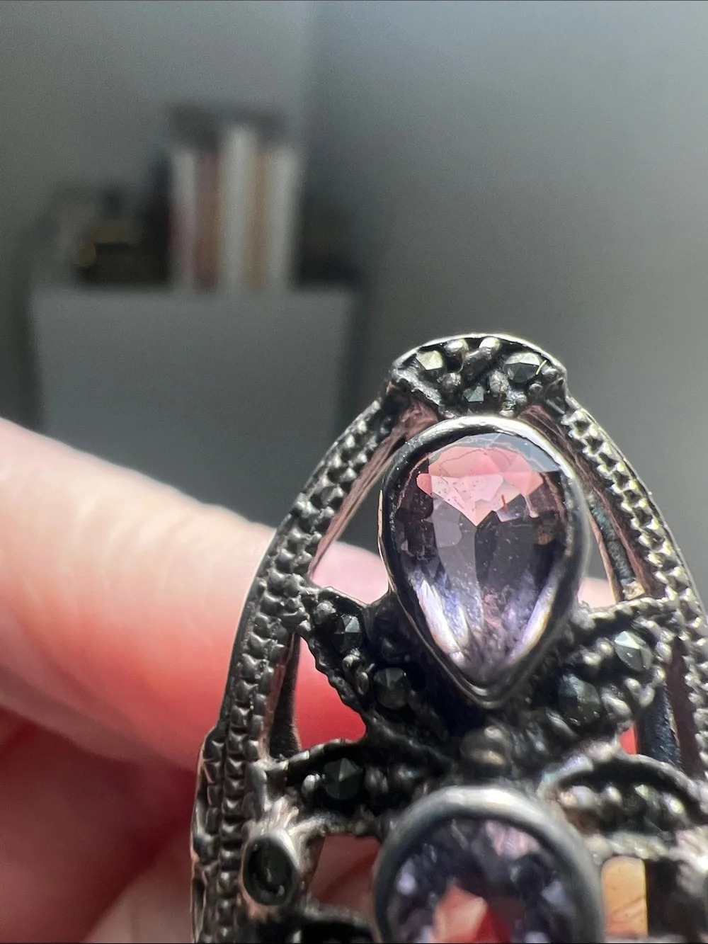Stylish Silver Ring with Purple Gem Accents - Vintage
